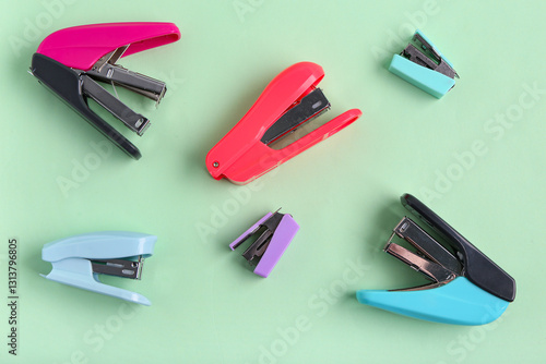 Different staplers on green...