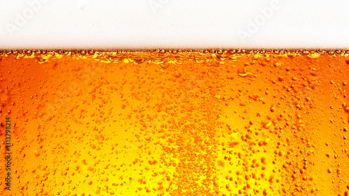 Detail background photo of beer and foam liquid from front view. Fresh beer foam and liquid color.