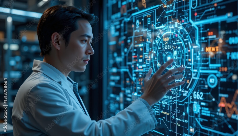 Scientist Using Futuristic Holographic Interface - Futuristic Techn. Scientist Using Futuristic Holographic Interface - Futuristic Techn.