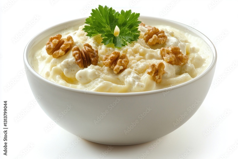 Creamy delight showcasing cheese and walnuts in a white bowl offering rich flavor healthy nut topping Creamy delight showcasing cheese and walnuts in a white bowl offering rich flavor healthy nut topping
