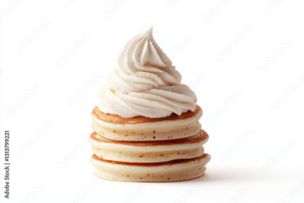 Delightful tower of fluffy pancakes topped with generous swirl of creamy dessert on pure white simple background Delightful tower of fluffy pancakes topped with generous swirl of creamy dessert on pure white simple background
