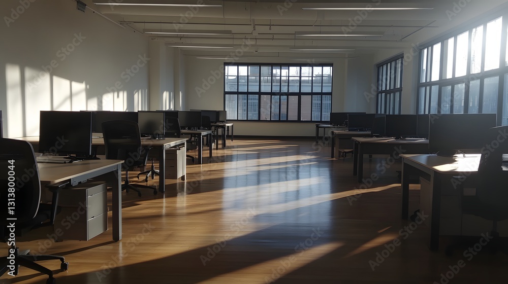 empty modern office space with sunlight streaming through large empty modern office space with sunlight streaming through large