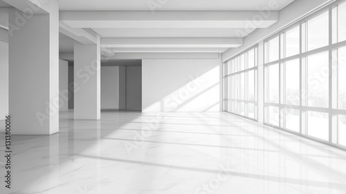 modern white office space with marble floor and large windows