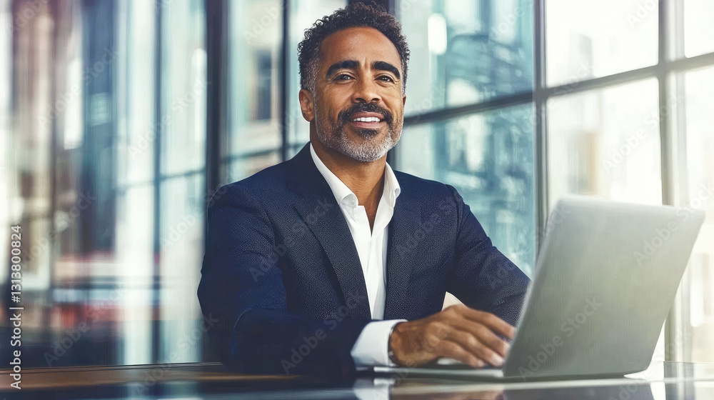 A confident businessman sits at a table, smiling while working on his laptop, showcasing professionalism and modern workspace dynamics. A confident businessman sits at a table, smiling while working on his laptop, showcasing professionalism and modern workspace dynamics.