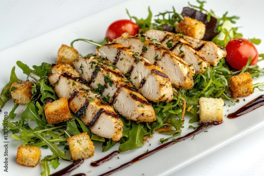 Grilled Chicken Salad Delight with Croutons Tomatoes and Fresh Greens on White Plate Appetizing Food Photography Grilled Chicken Salad Delight with Croutons Tomatoes and Fresh Greens on White Plate Appetizing Food Photography