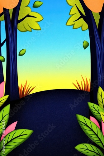 Cartoon Forest Scene Path through the trees, grass, leaves falling, blue sky and colorful background