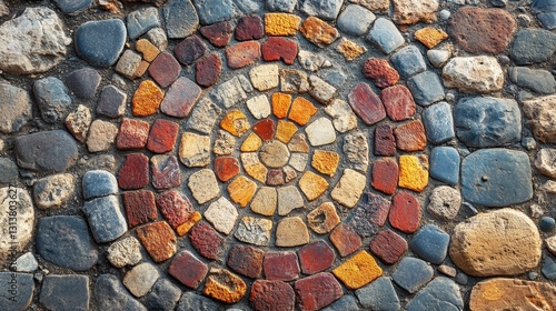 Colorful mosaic stone spiral pattern on rustic cobblestone pathway
