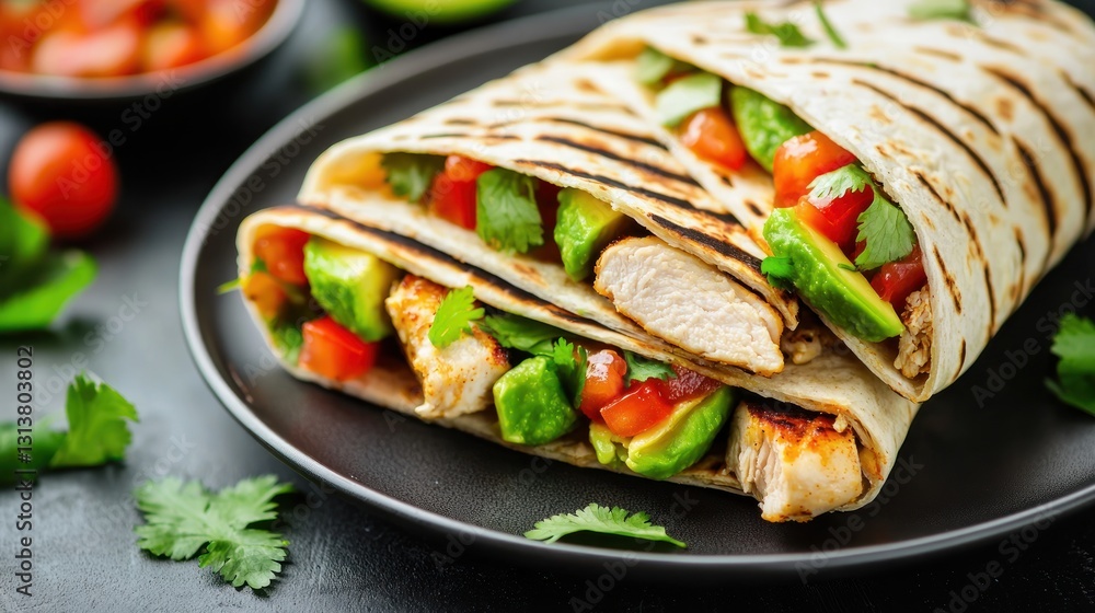Delectable Chicken and Avocado Wraps on Dark Plate Delicious Gourmet Food Presentation Delectable Chicken and Avocado Wraps on Dark Plate Delicious Gourmet Food Presentation