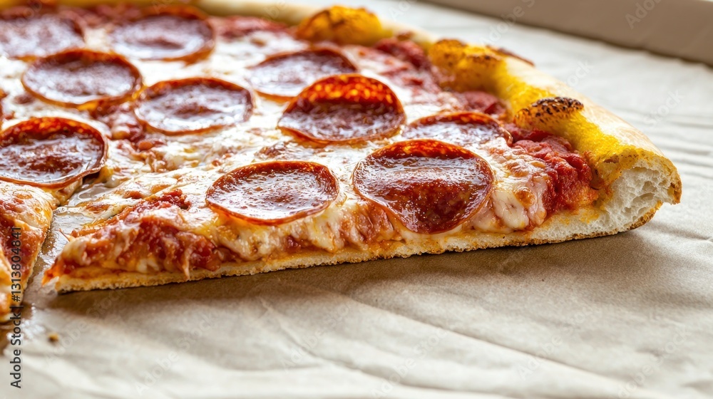 Slice of pepperoni pizza with melted cheese and vibrant tomato sauce on a cardboard surface Slice of pepperoni pizza with melted cheese and vibrant tomato sauce on a cardboard surface