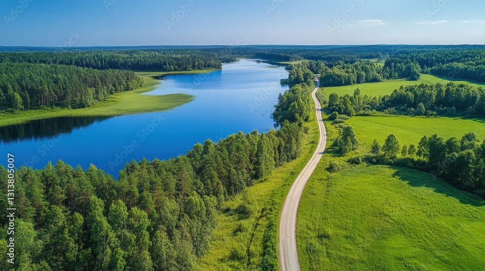 Fototapeta premium Scenic aerial view of serene lake and lush forest landscape