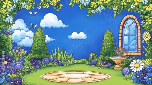 Cartoon garden vista with stone stage, flower arch, blue sky, and fluffy clouds