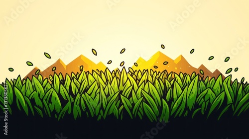 Cartoon Grassland Green grass, blowing leaves, jagged mountains, yellow sky