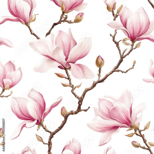 Seamless pattern of delicate pink magnolia blossoms and branches on white background.