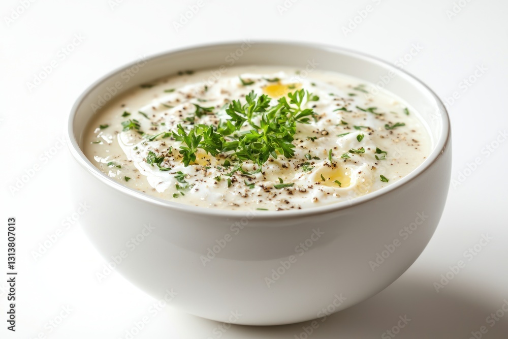 Creamy and Flavorful Soup Displayed in a Clean White Bowl Garnished with Fresh Parsley on White Background Creamy and Flavorful Soup Displayed in a Clean White Bowl Garnished with Fresh Parsley on White Background