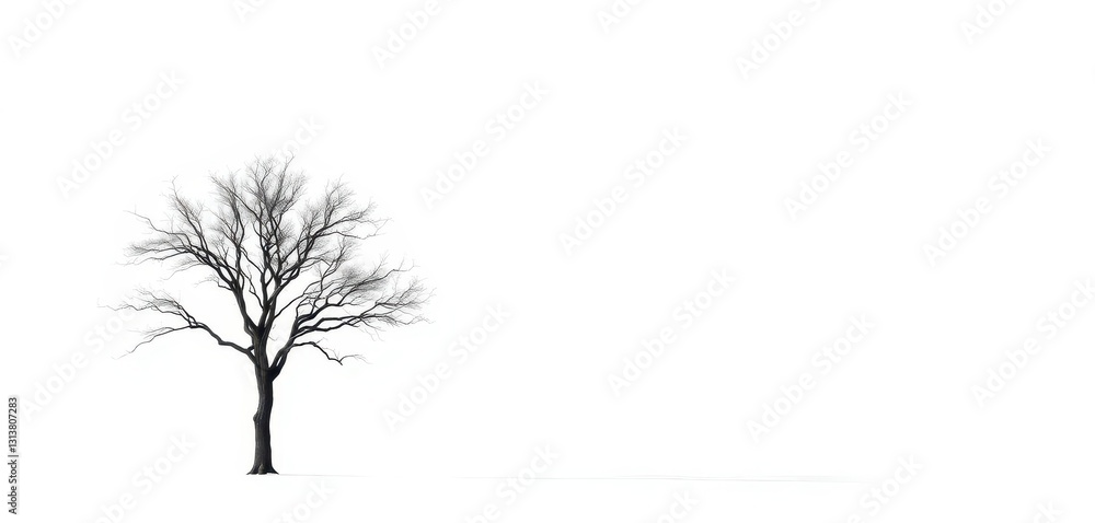 Obraz premium A lone tree stands stark against a pure white backdrop, its branches reaching skyward, picture, landscape