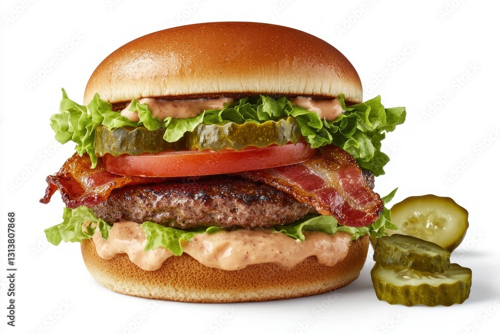 Appetizing burger with bacon tomato lettuce and pickle on white background a culinary studio shot perfect for food blog burger joint Appetizing burger with bacon tomato lettuce and pickle on white background a culinary studio shot perfect for food blog burger joint