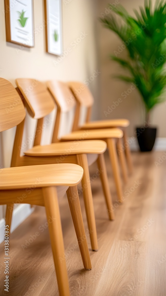 Fototapeta premium A row of wooden chairs are lined up in a room