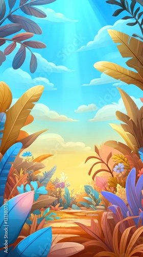 Cartoon jungle trail pathway illustration with clear blue sky and bright sunlight background