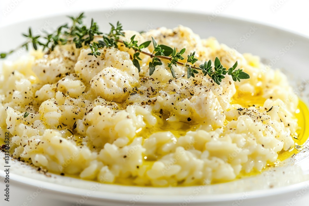 Creamy risotto creation in a white plate with fresh thyme sprigs olive oil black pepper elegant culinary studio shot Creamy risotto creation in a white plate with fresh thyme sprigs olive oil black pepper elegant culinary studio shot