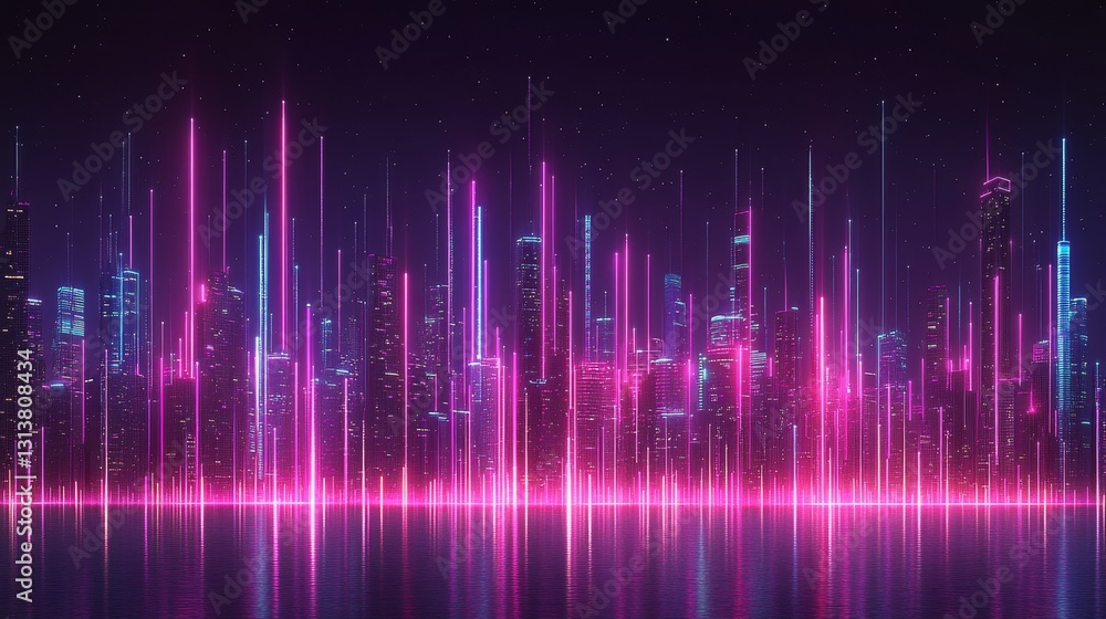 Vibrant cyberpunk cityscape with glowing neon lights and reflections creating a futuristic urban skyline in a digital art creation Vibrant cyberpunk cityscape with glowing neon lights and reflections creating a futuristic urban skyline in a digital art creation