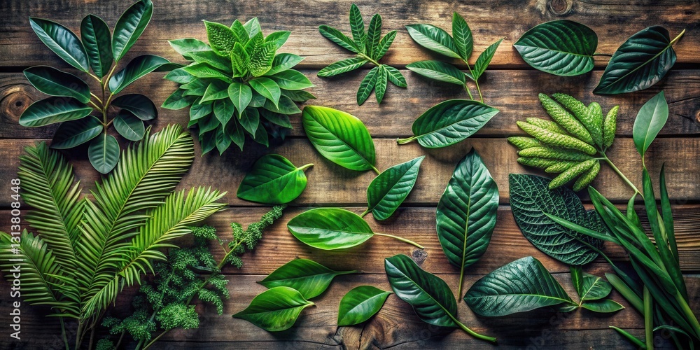 Obraz premium Lush Green Tropical Foliage Arranged on Rustic Wooden Surface, Displaying a Variety of Unique Leaf Textures and Shapes