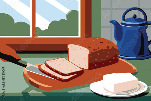 A baker expertly slices a golden-brown, crusty sourdough loaf, sending a cascade of fresh crumbs onto a wooden table.  High-resolution image, detailed texture.