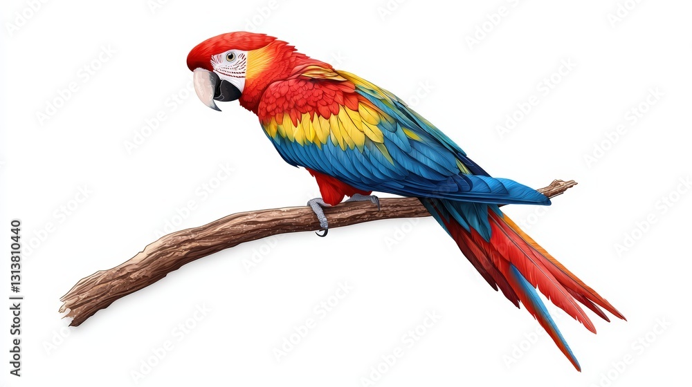 Obraz premium A vibrant scarlet macaw perched on a branch, showcasing its stunning plumage of red, blue, and yellow colors.