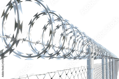 Chainlink fence with barbed wire on top closeup isolated on white background
Chainlink fence with barbed wire on top closeup isolated on white background
