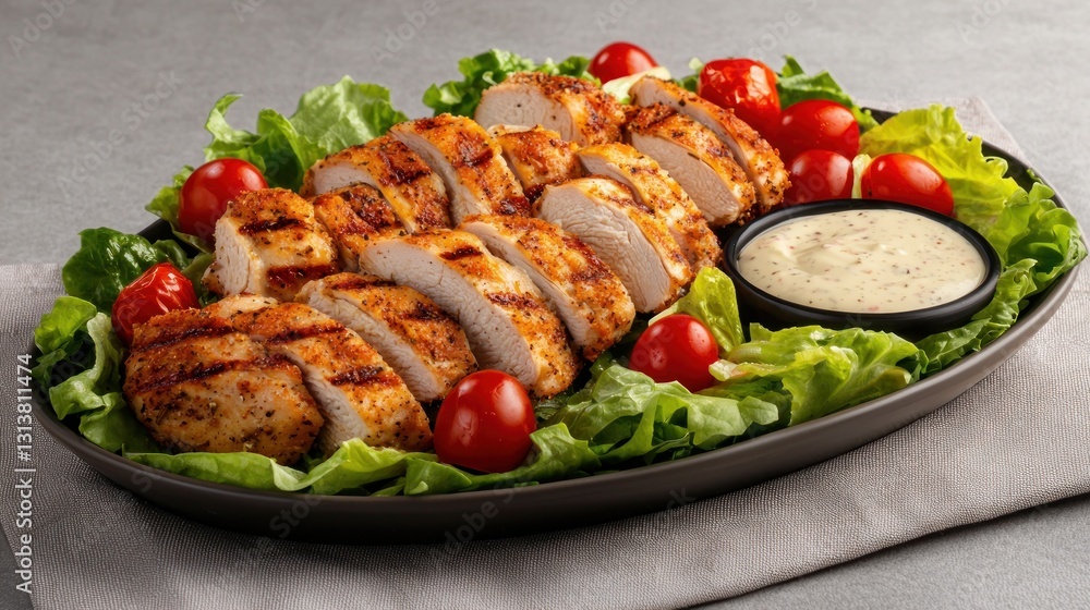 Appetizing grilled chicken breast slices adorned with fresh lettuce and cherry tomatoes with creamy sauce Appetizing grilled chicken breast slices adorned with fresh lettuce and cherry tomatoes with creamy sauce