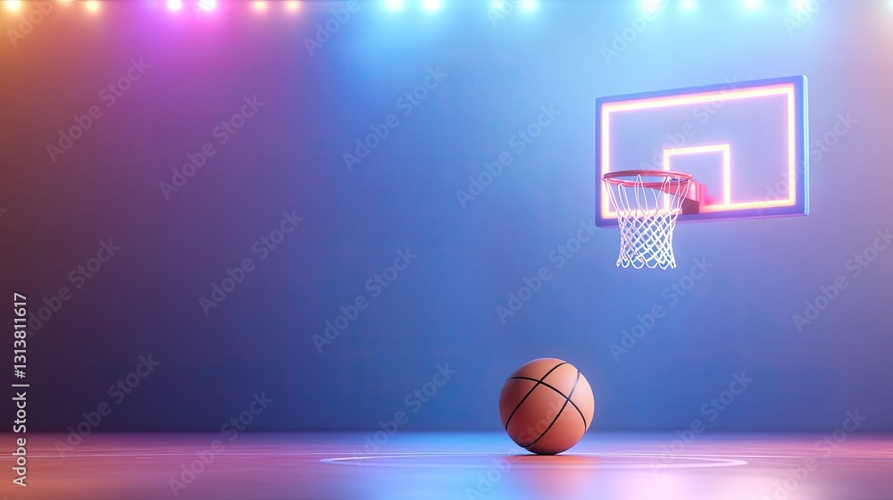 Obraz premium Basketball about to be shot into hoop under colorful neon lights.