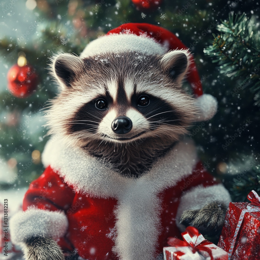 A Festive Raccoon: Portrait of a furry friend in a Santa suit by the Christmas tree, complete with gifts and gentle snowfall. A Festive Raccoon: Portrait of a furry friend in a Santa suit by the Christmas tree, complete with gifts and gentle snowfall.
