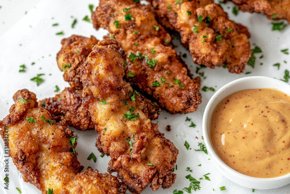 Fototapeta premium Delicious Crispy Fried Chicken Strips Garnished with Fresh Parsley Served with Creamy Honey Mustard Dip