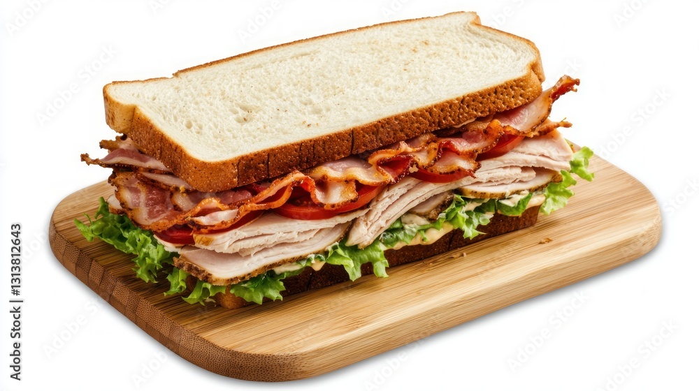 Delicious turkey club sandwich with bacon and tomato on a rustic wooden cutting board cuisine food Delicious turkey club sandwich with bacon and tomato on a rustic wooden cutting board cuisine food