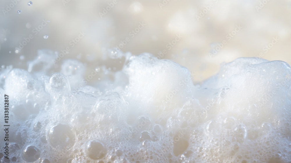 Close-up of frothy ocean waves crashing on the shore, with soft sunlight illuminating the scene Close-up of frothy ocean waves crashing on the shore, with soft sunlight illuminating the scene