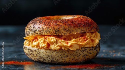 Delicious poppy seed bagel filled with spicy cream cheese, set against a dark textured background