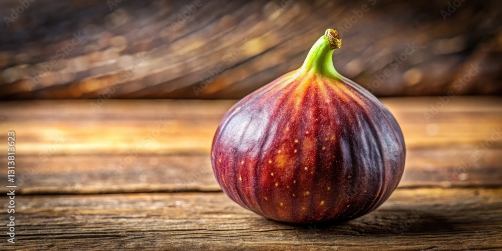 Obraz premium A single ripe fig rests on a rustic wooden surface, showcasing its rich purple and reddish hues, and a textured skin.