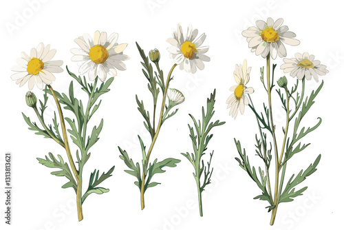 Vector colorful illustration of hand drawn chamomile isolated on white background. Design for herbal products
