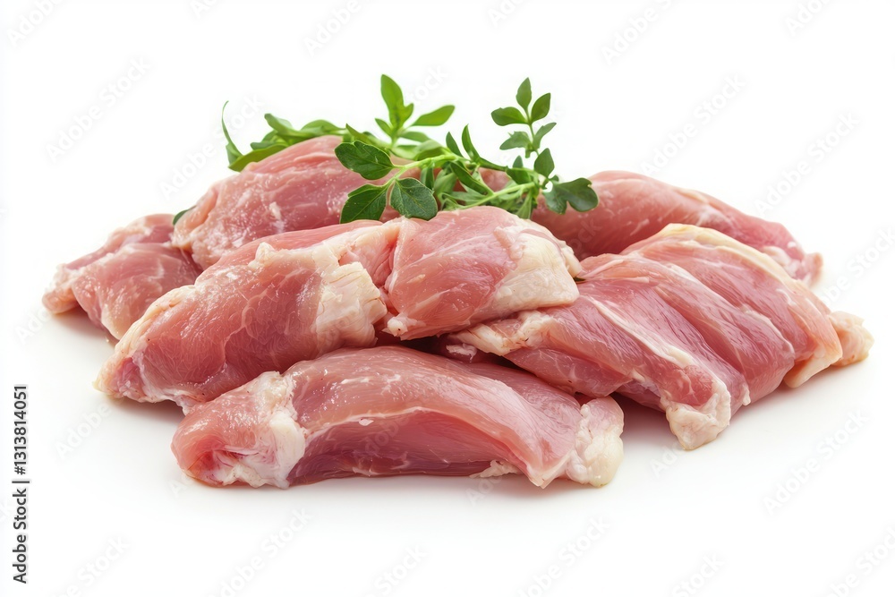 Fresh Pieces of Pork Meat with Green Sprigs Isolated on a White Background Food Photography Fresh Pieces of Pork Meat with Green Sprigs Isolated on a White Background Food Photography