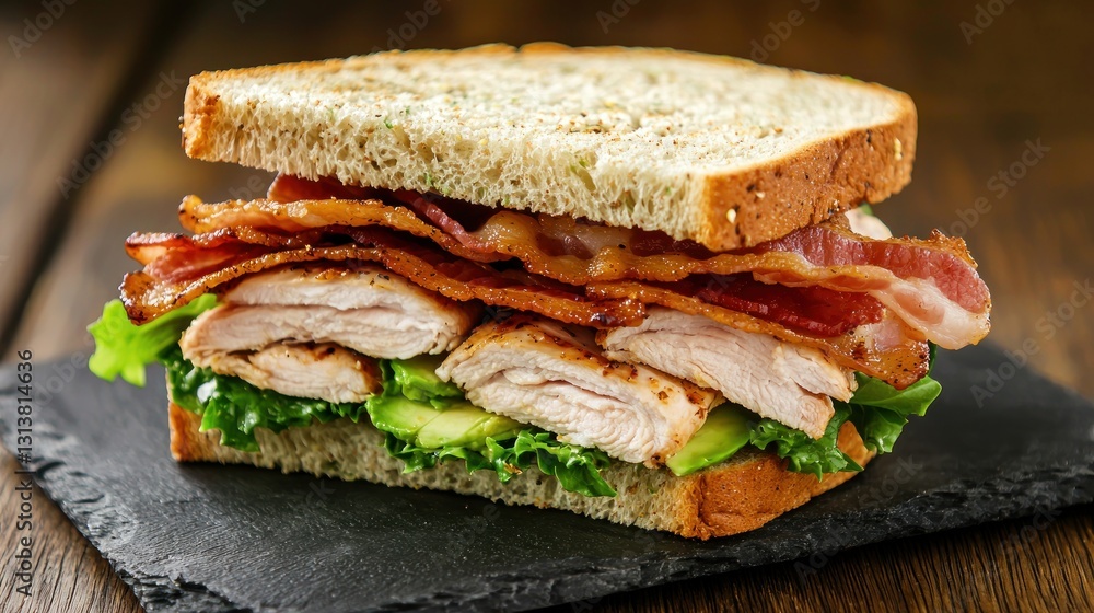Appetizing Grilled Chicken and Crispy Bacon Sandwich with Fresh Avocado and Lettuce on Dark Slate Plate Appetizing Grilled Chicken and Crispy Bacon Sandwich with Fresh Avocado and Lettuce on Dark Slate Plate