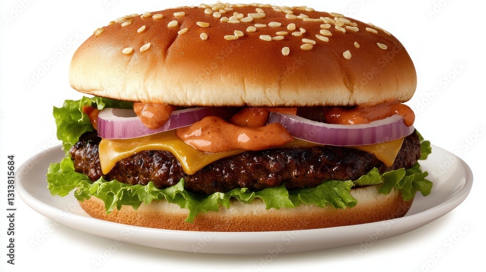Appetizing hamburger on white plate with toasted sesame bun onion cheese sauce and fresh lettuce Appetizing hamburger on white plate with toasted sesame bun onion cheese sauce and fresh lettuce