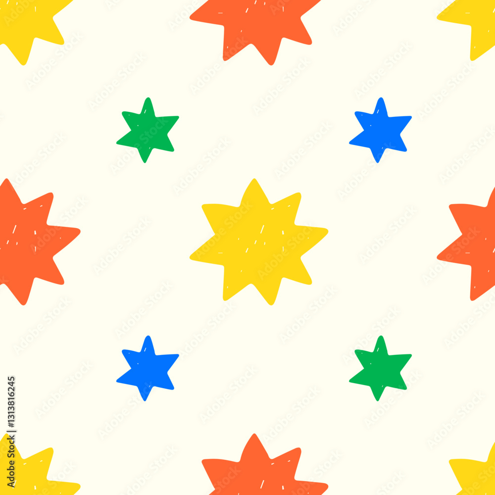 Colorful Star Shapes Seamless Pattern. Vibrant party celebration background with crayon drawing texture. Chalk repeat vector illustration Colorful Star Shapes Seamless Pattern. Vibrant party celebration background with crayon drawing texture. Chalk repeat vector illustration