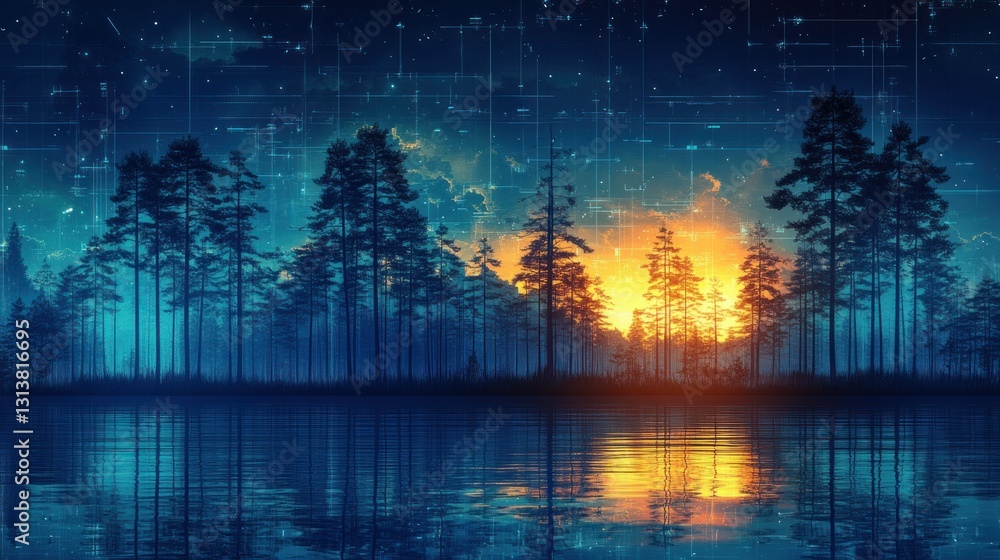 Obraz premium Digital forest sunrise over a lake