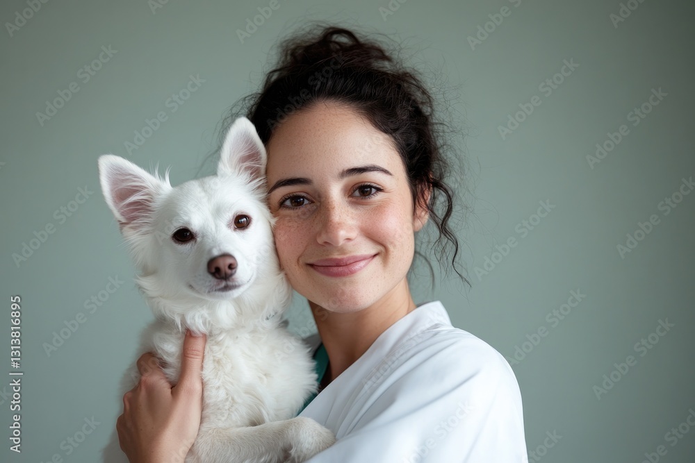 Smiling veterinarian holds fluffy white dog, showcasing bond bet Smiling veterinarian holds fluffy white dog, showcasing bond bet