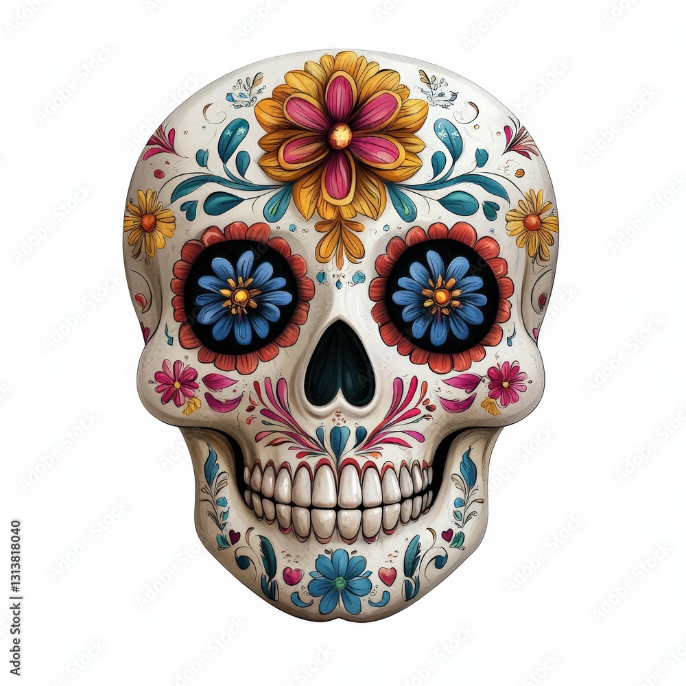 A vibrant, decorative skull design adorned with flowers, capturing the essence of Day of the Dead culture in a colorful illustration. A vibrant, decorative skull design adorned with flowers, capturing the essence of Day of the Dead culture in a colorful illustration.