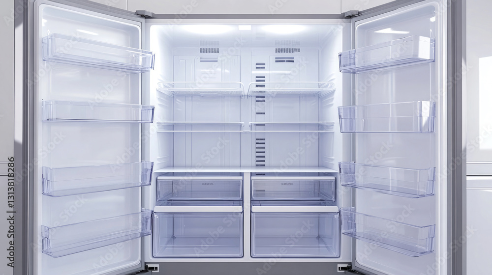 Modern refrigerator interior with empty shelves and organized compartments in a contemporary kitchen setting Modern refrigerator interior with empty shelves and organized compartments in a contemporary kitchen setting