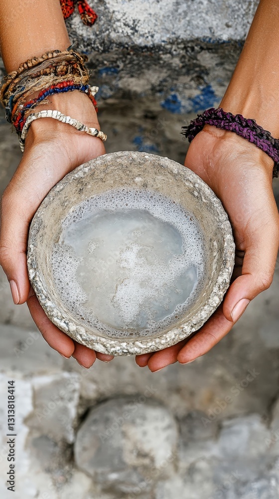 Fototapeta premium Woman holding a bowl of water showing solidarity and generosity