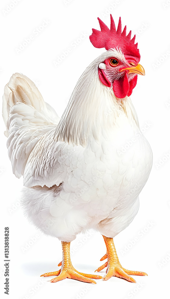 Fototapeta premium A majestic white rooster, proud stance, bright red comb, yellow legs, isolated on white