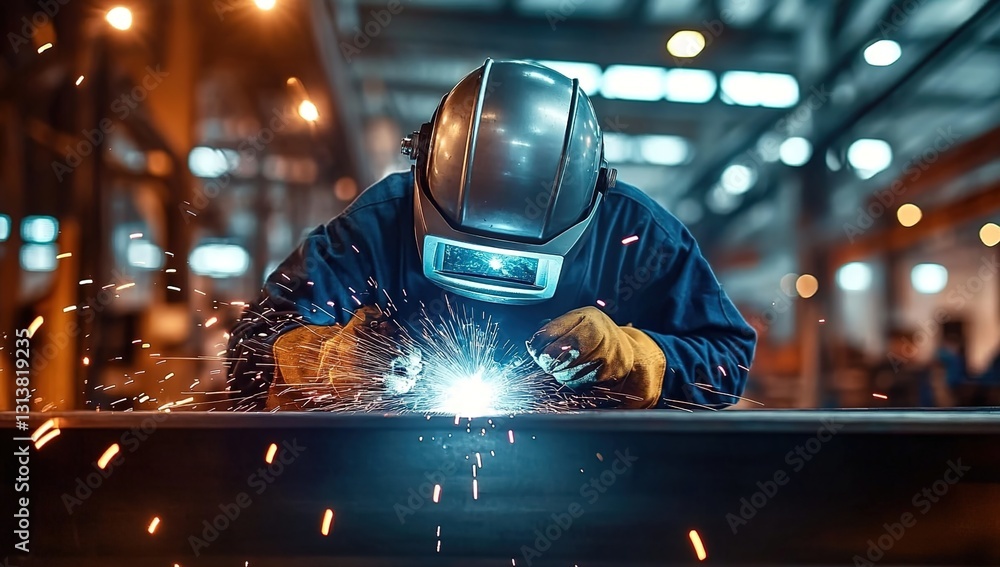 Image of an industrial worker welding in a factory, with a light background, focused on the person and sparks flying around them. Image of an industrial worker welding in a factory, with a light background, focused on the person and sparks flying around them.