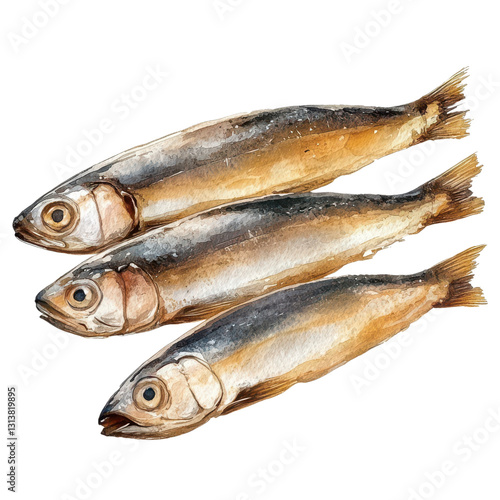watercolor illustration Three dried fish arranged in a row against a dark background. on transparent cutout, PNG file