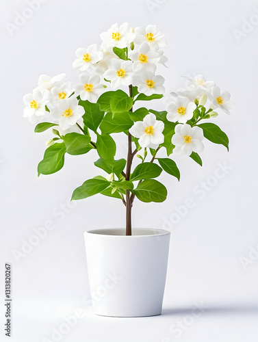 A small potted plant with numerous small, white flowers and bright yellow centers, lush green leaves, and a simple white pot